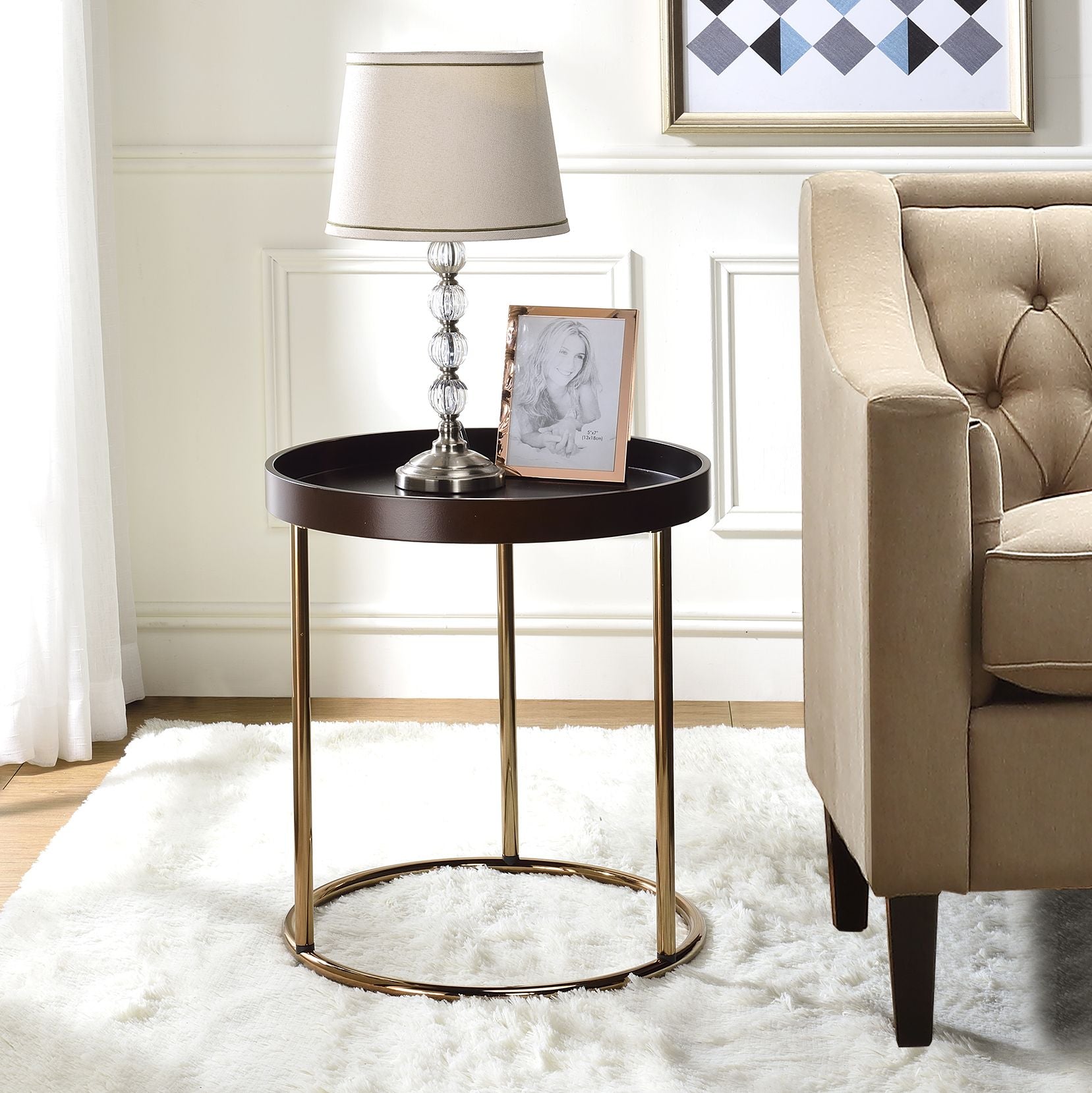 Genoa Round Tray Table with Metal Frame, Espresso image 1
