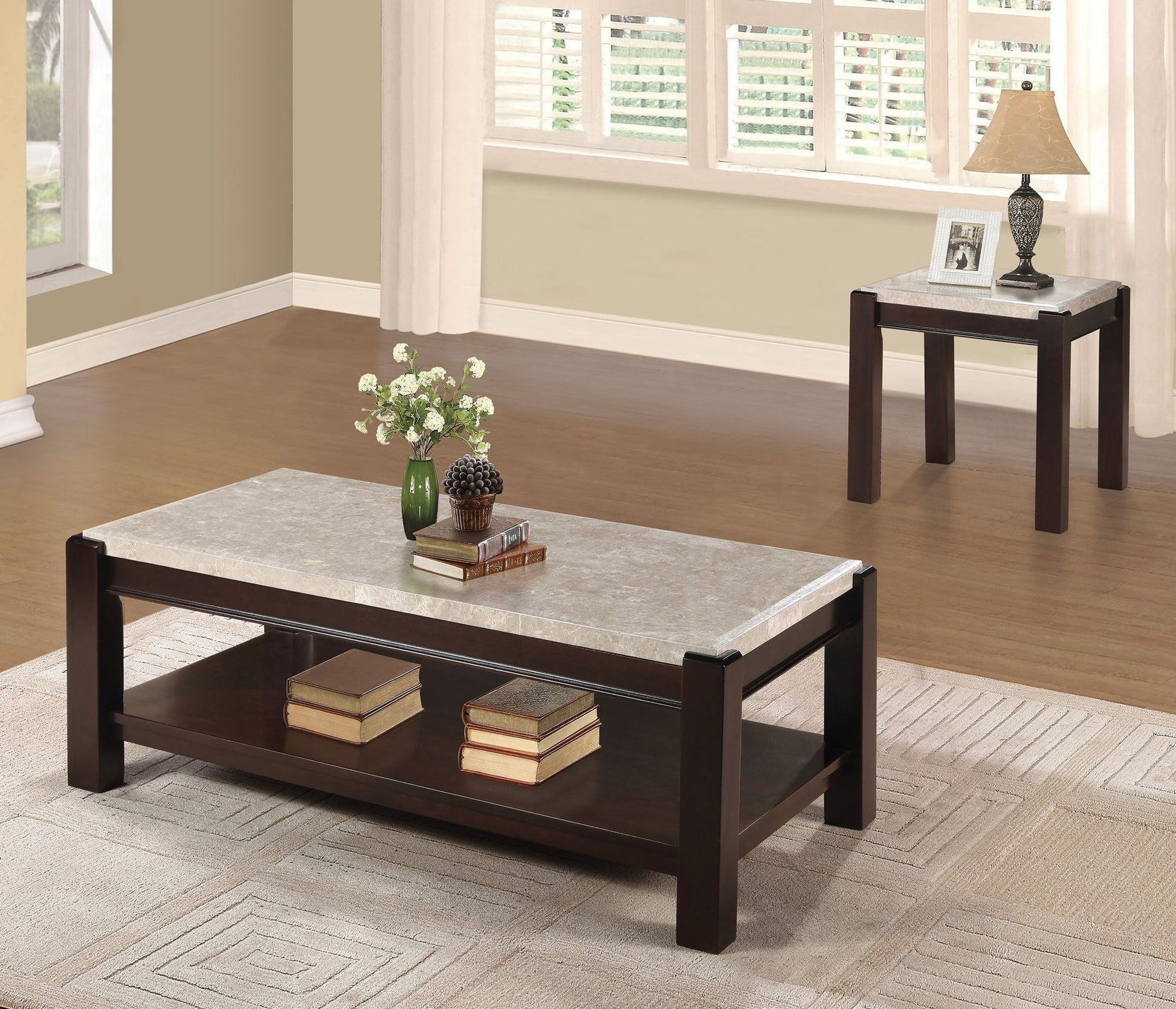 Genuine Marble Top End Table Dark Cherry Finish Wood Frame Contemporary Living Room Furniture 1pc Side Table image 4