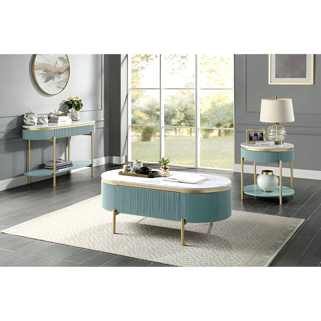 Glam Contemporary Light Teal 1pc Coffee Table White Faux Marble Top Living Room Table W Drawer image 5