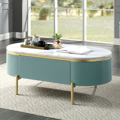 Glam Contemporary Light Teal 1pc Coffee Table White Faux Marble Top Living Room Table W Drawer image 1
