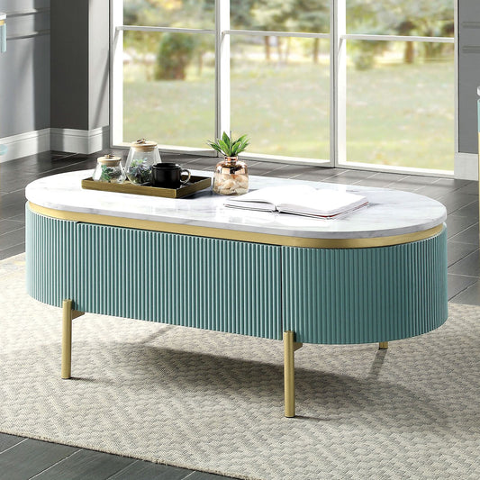 Glam Contemporary Light Teal 1pc Coffee Table White Faux Marble Top Living Room Table W Drawer image 1