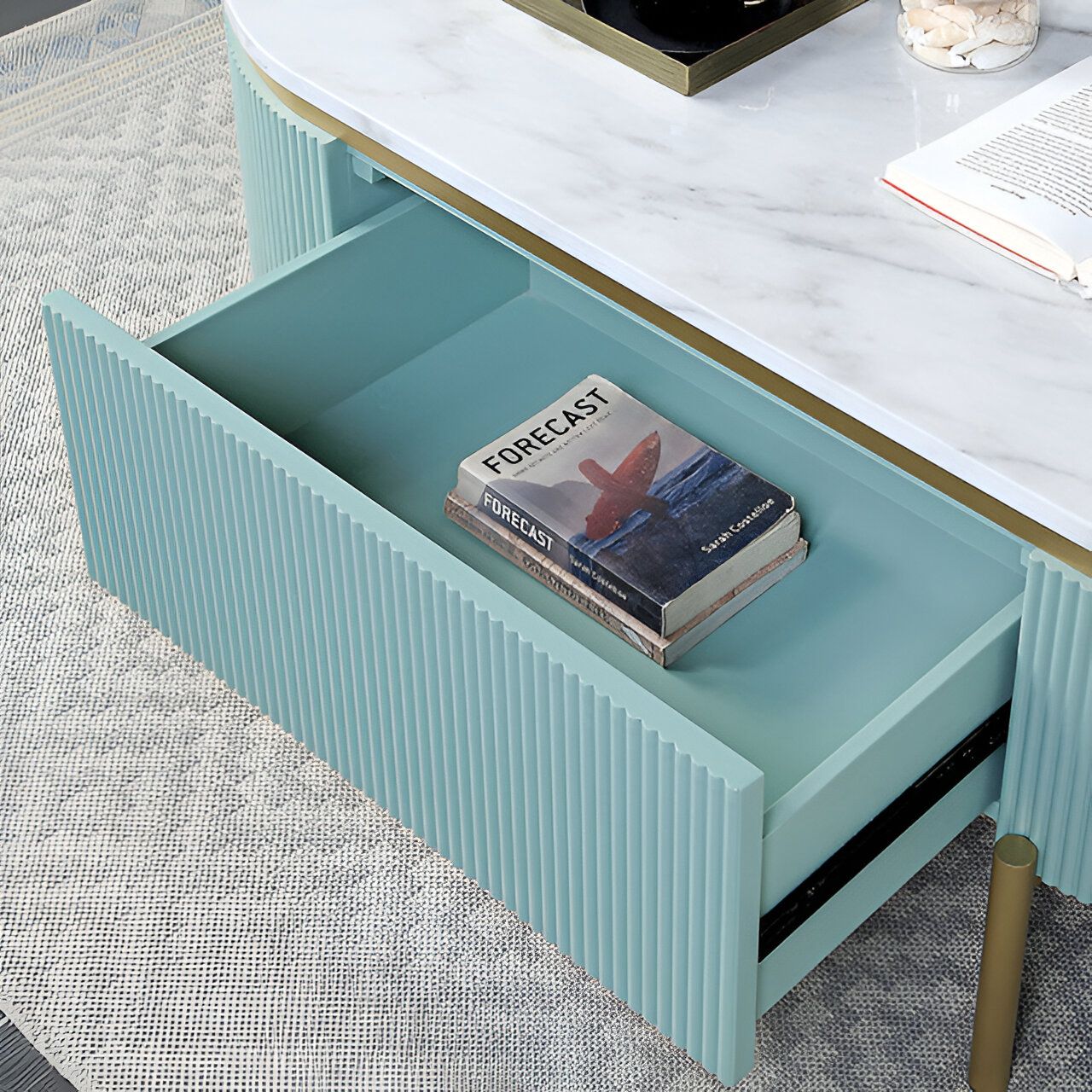 Glam Contemporary Light Teal 1pc Coffee Table White Faux Marble Top Living Room Table W Drawer image 4