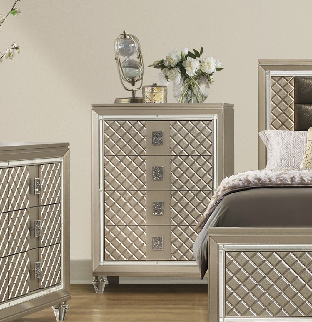 Glamorous Champagne Finish 1pc Chest of 4 Drawers Acrylic Feet Luxury Bedroom Furniture Beveled Mirror Trim image 1