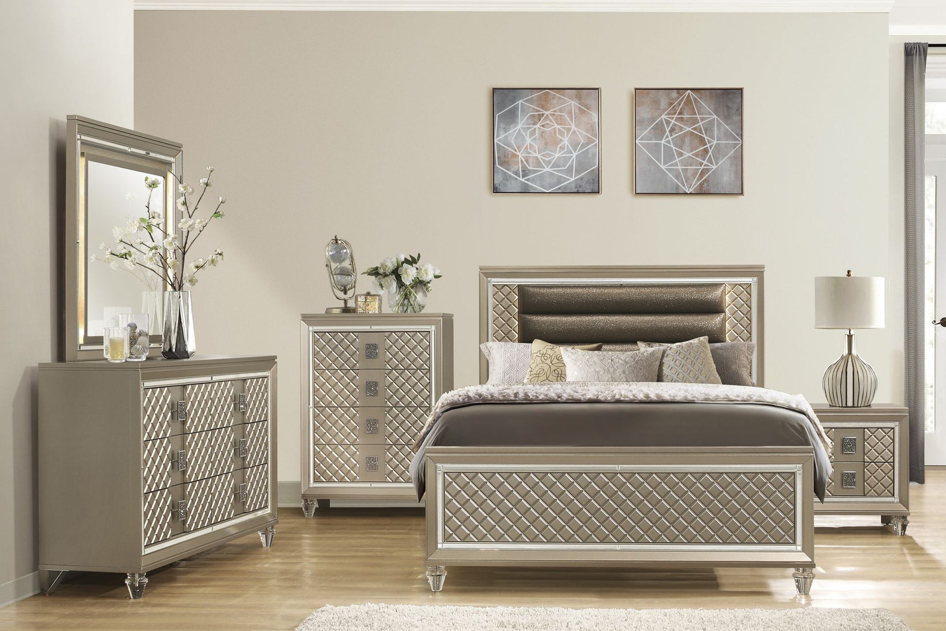 Glamorous Champagne Finish 1pc Chest of 4 Drawers Acrylic Feet Luxury Bedroom Furniture Beveled Mirror Trim image 6