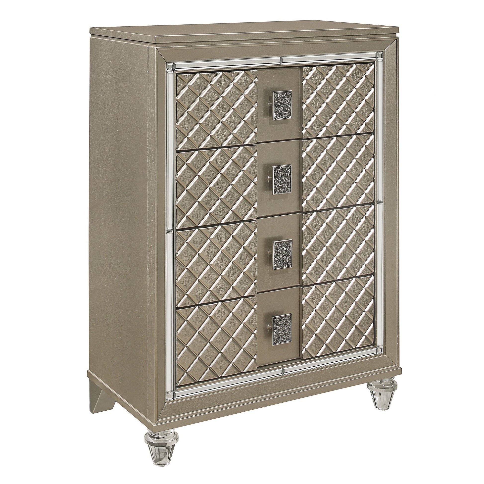 Glamorous Champagne Finish 1pc Chest of 4 Drawers Acrylic Feet Luxury Bedroom Furniture Beveled Mirror Trim image 3