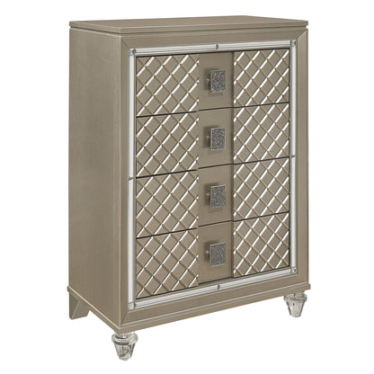 Glamorous Champagne Finish 1pc Chest of 4 Drawers Acrylic Feet Luxury Bedroom Furniture Beveled Mirror Trim image 3