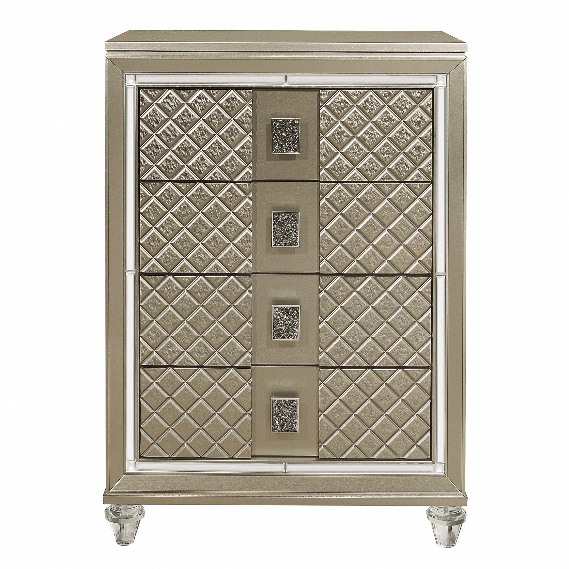 Glamorous Champagne Finish 1pc Chest of 4 Drawers Acrylic Feet Luxury Bedroom Furniture Beveled Mirror Trim image 2