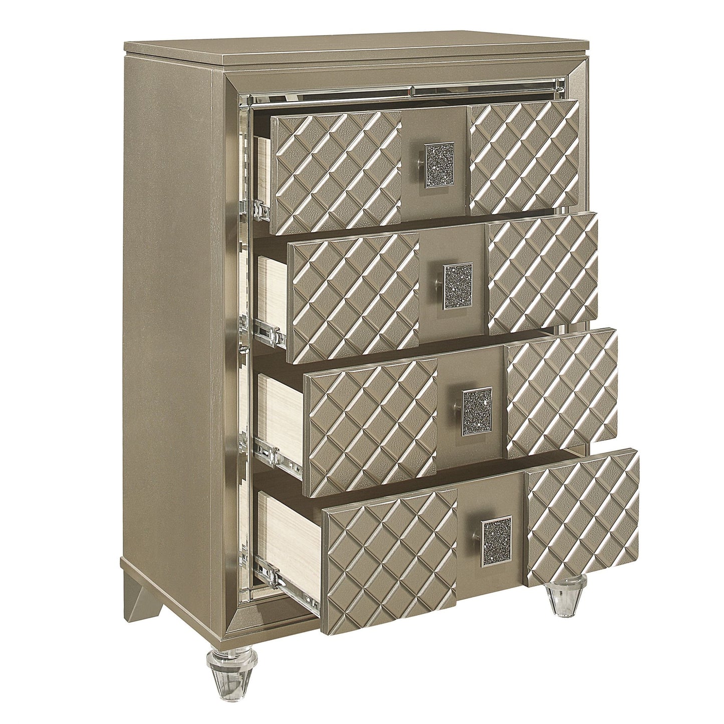 Glamorous Champagne Finish 1pc Chest of 4 Drawers Acrylic Feet Luxury Bedroom Furniture Beveled Mirror Trim image 4