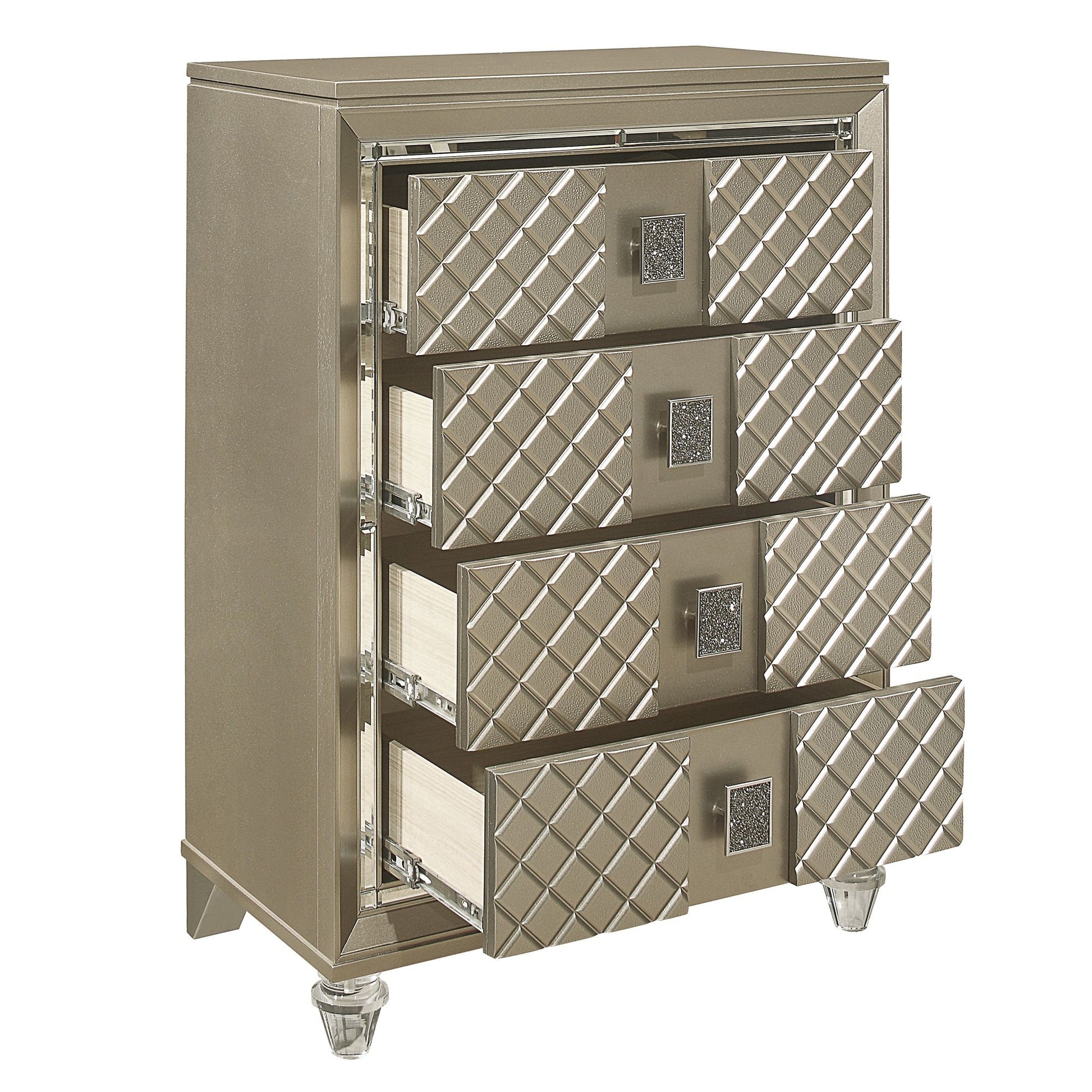 Glamorous Champagne Finish 1pc Chest of 4 Drawers Acrylic Feet Luxury Bedroom Furniture Beveled Mirror Trim image 4