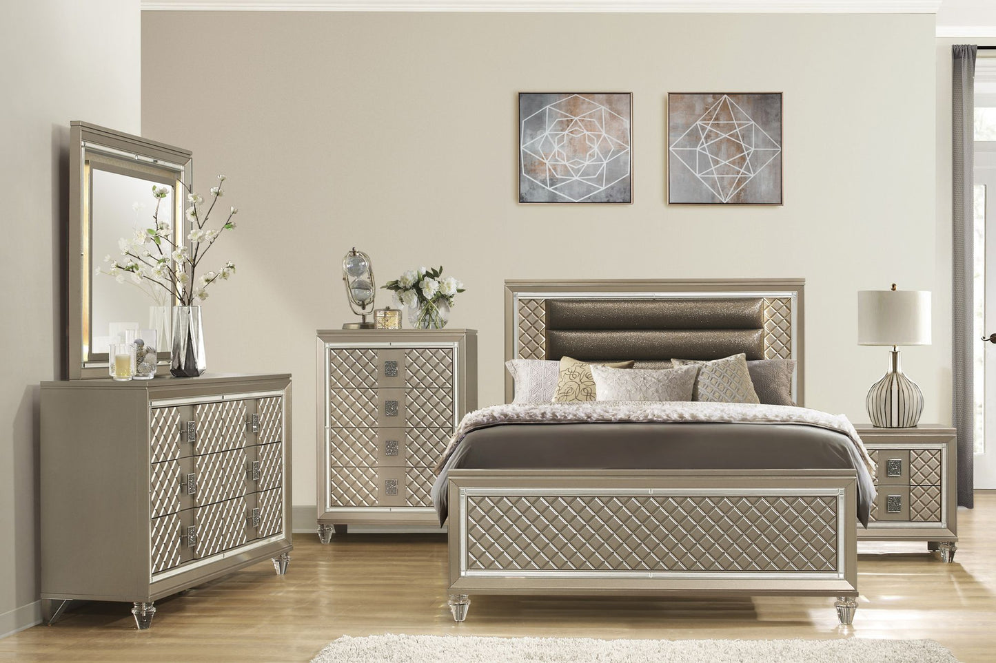 Glamorous Champagne Finish 1pc Nightstand of 2 Drawers Acrylic Feet Bedside Table Luxury Bedroom Furniture Beveled Mirro image 6