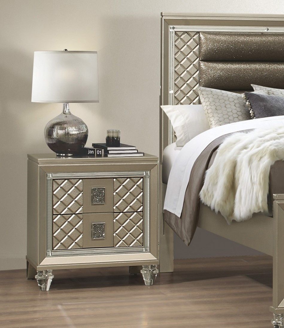Glamorous Champagne Finish 1pc Nightstand of 2 Drawers Acrylic Feet Bedside Table Luxury Bedroom Furniture Beveled Mirro image 1