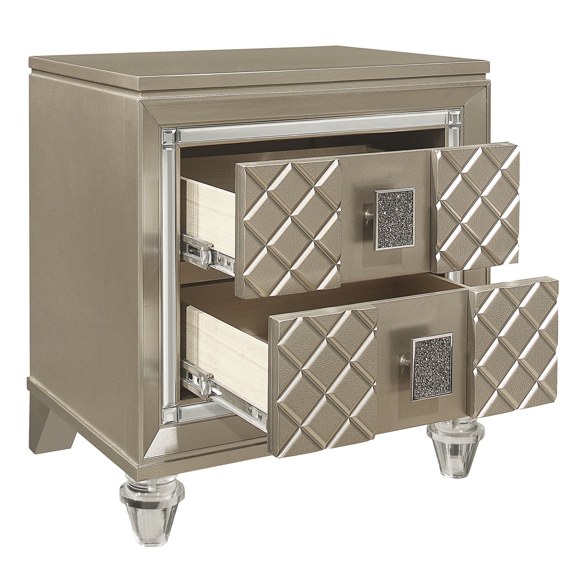 Glamorous Champagne Finish 1pc Nightstand of 2 Drawers Acrylic Feet Bedside Table Luxury Bedroom Furniture Beveled Mirro image 4