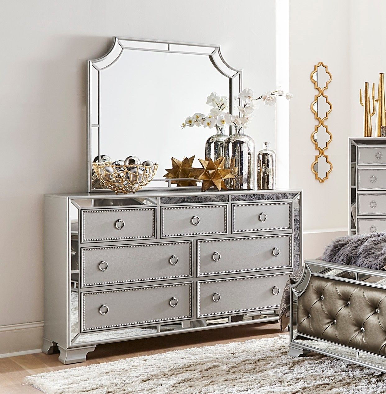 Glamorous Silver Finish Dresser 1pc 7 Drawers Beveled Mirror Trim Modern Bedroom Furniture image 5