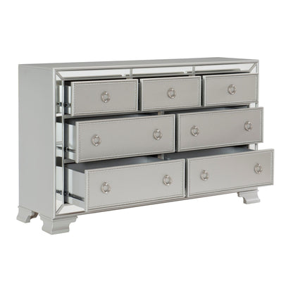 Glamorous Silver Finish Dresser 1pc 7 Drawers Beveled Mirror Trim Modern Bedroom Furniture image 3