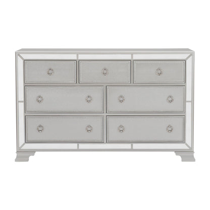 Glamorous Silver Finish Dresser 1pc 7 Drawers Beveled Mirror Trim Modern Bedroom Furniture image 1