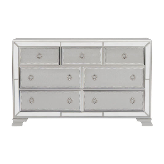 Glamorous silver finish dresser with 7 drawers and beveled mirror trim - front view