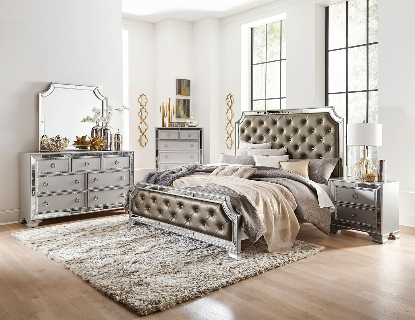 Glamorous Silver Finish Dresser 1pc 7 Drawers Beveled Mirror Trim Modern Bedroom Furniture image 6