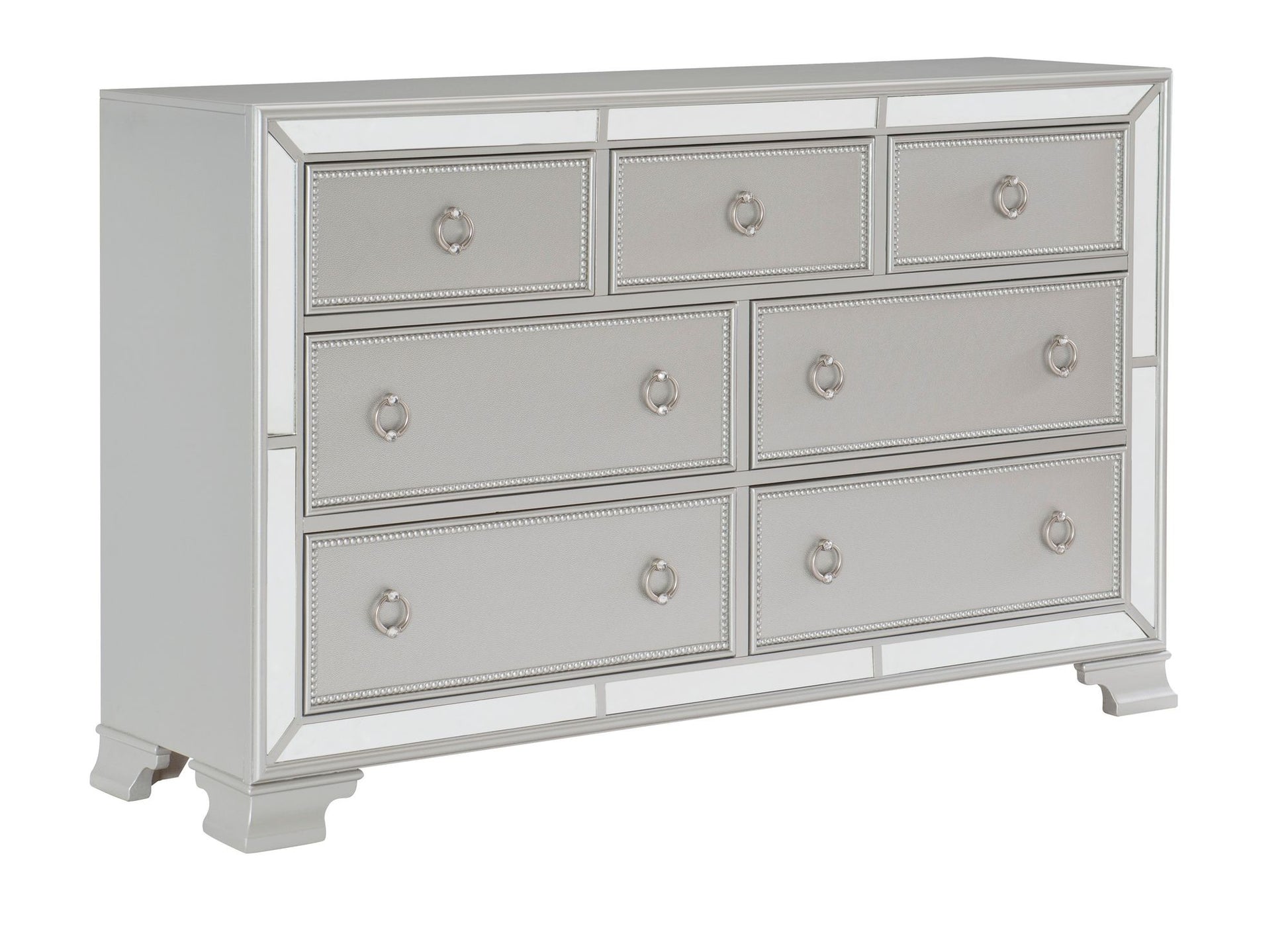Glamorous Silver Finish Dresser 1pc 7 Drawers Beveled Mirror Trim Modern Bedroom Furniture image 2