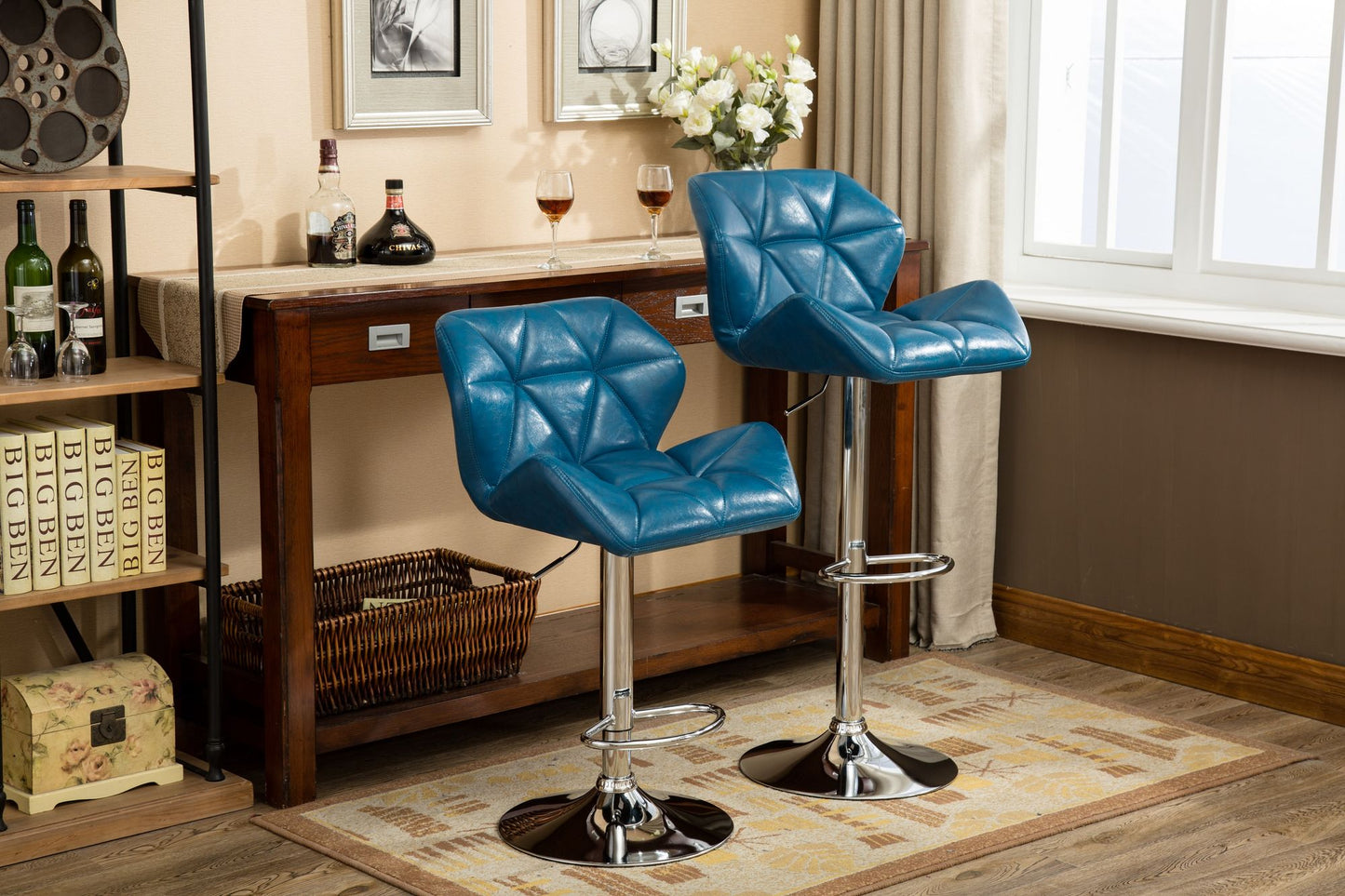 Glasgow Contemporary Tufted Adjustable Height Hidraulic Bar Stools, Set of 2, Blue image 2
