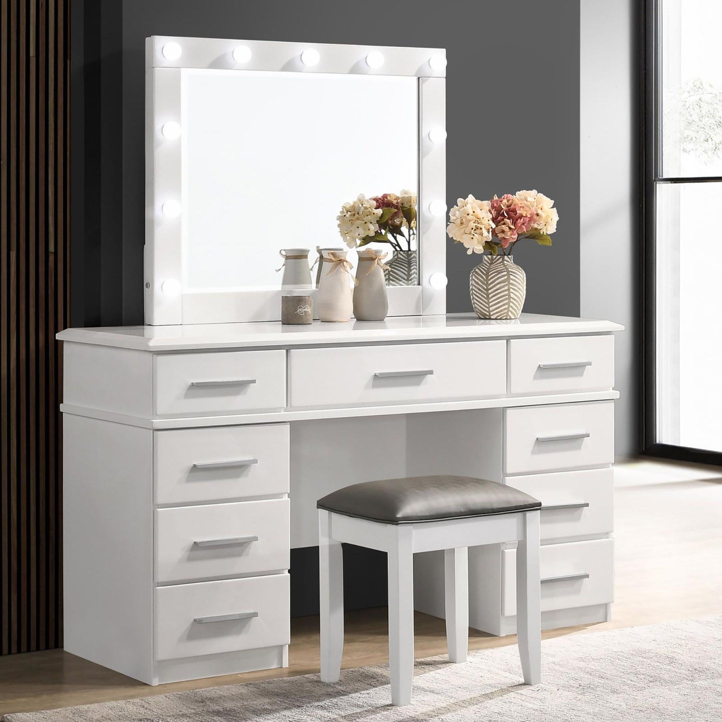 Glossy White Vanity Stool with Padded Seat image 5