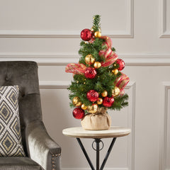 2' Red Gold Burlap Christmas Tree with 50 LED Lights - Battery Operated