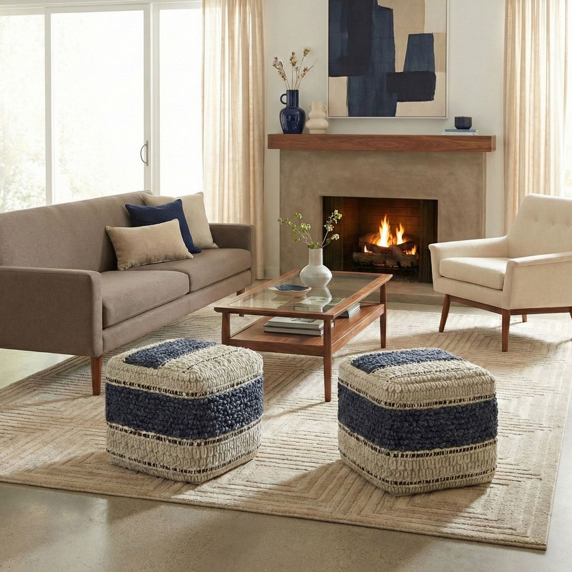 Grady 18 inch Wide Square Pouf in Blue and Natural Handloom Wool and Cotton image 12