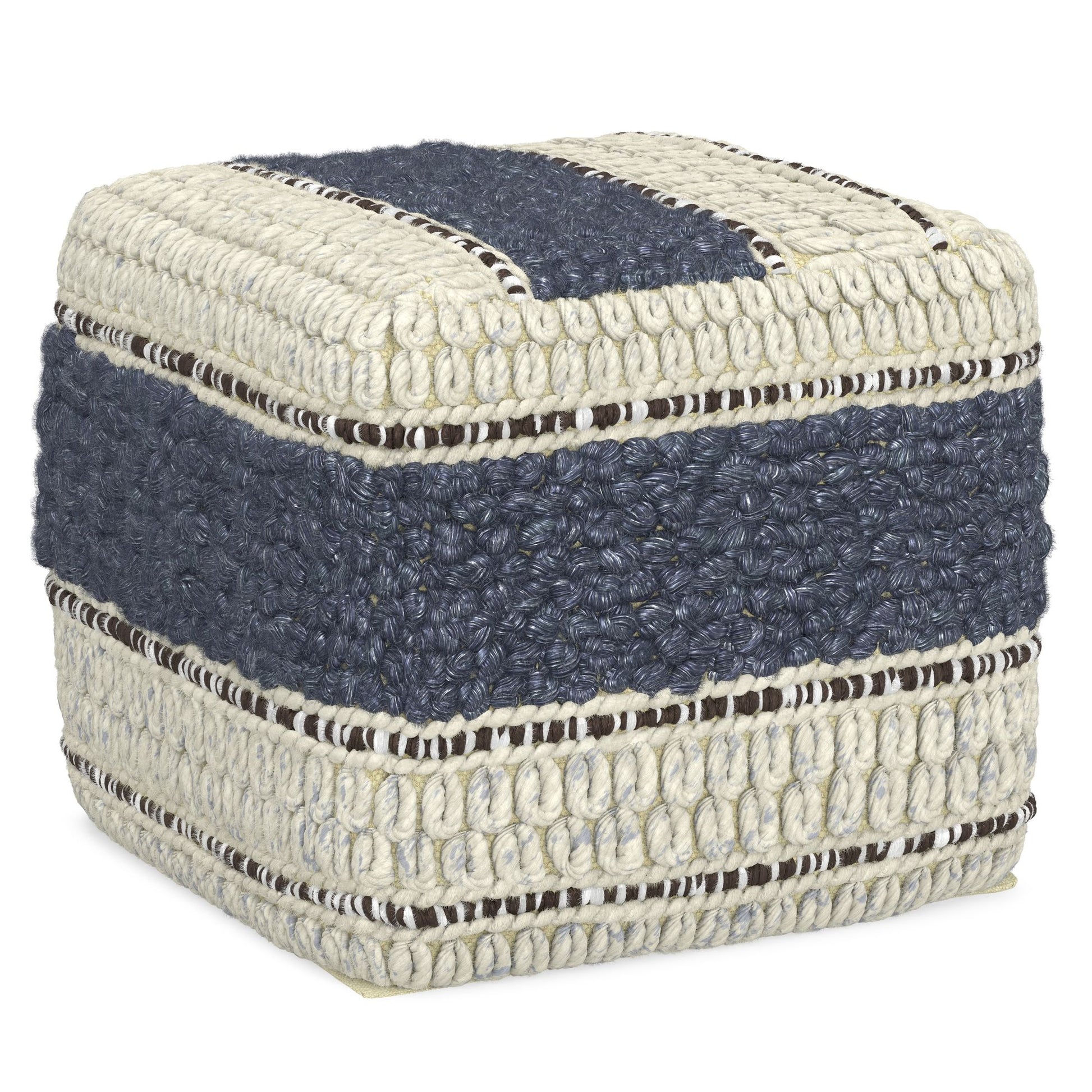 Grady 18 inch Wide Square Pouf in Blue and Natural Handloom Wool and Cotton image 4
