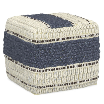 Grady 18 inch Wide Square Pouf in Blue and Natural Handloom Wool and Cotton image 4