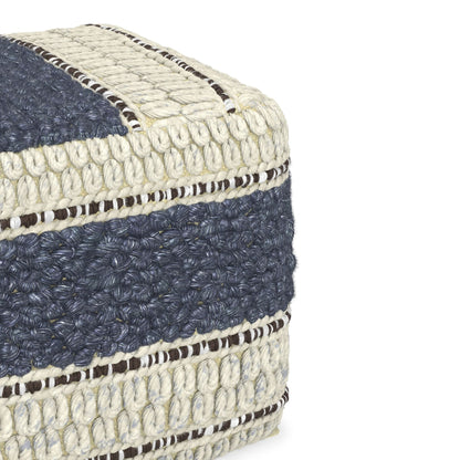Grady 18 inch Wide Square Pouf in Blue and Natural Handloom Wool and Cotton image 10
