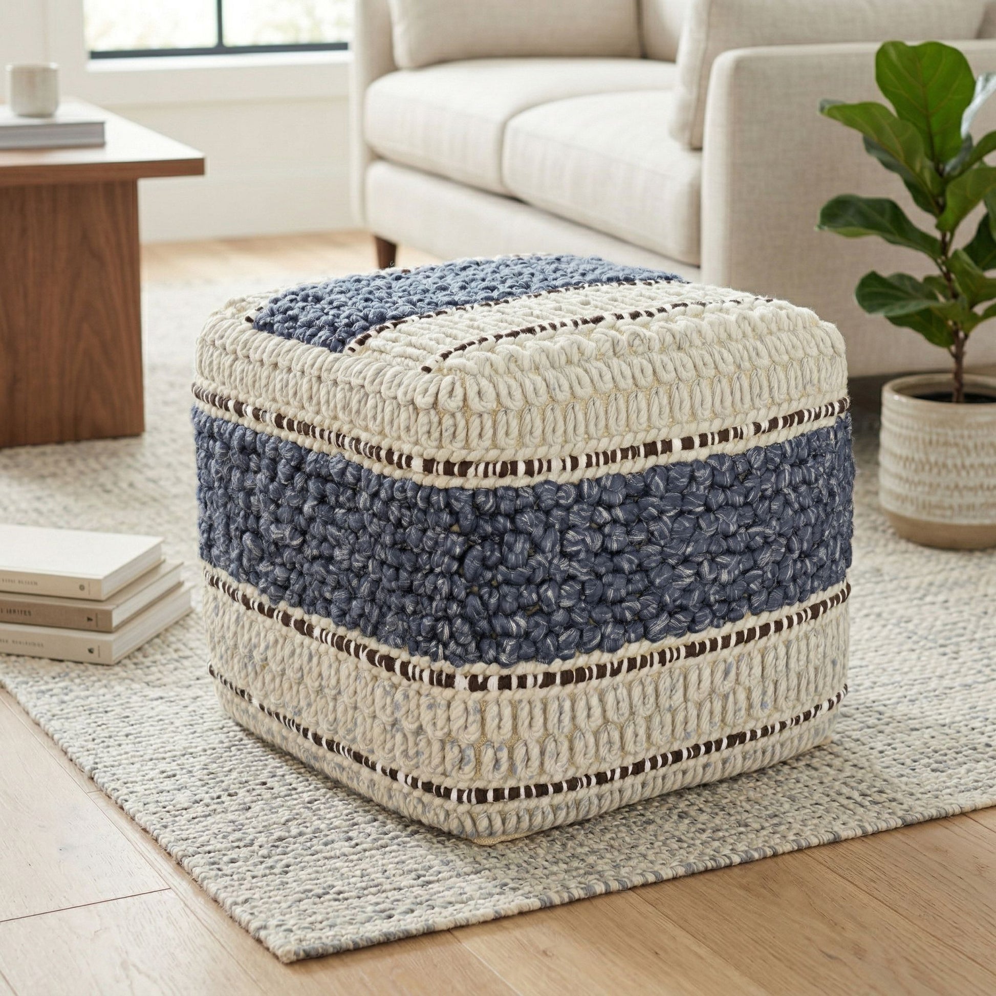 Grady 18 inch Wide Square Pouf in Blue and Natural Handloom Wool and Cotton image 1