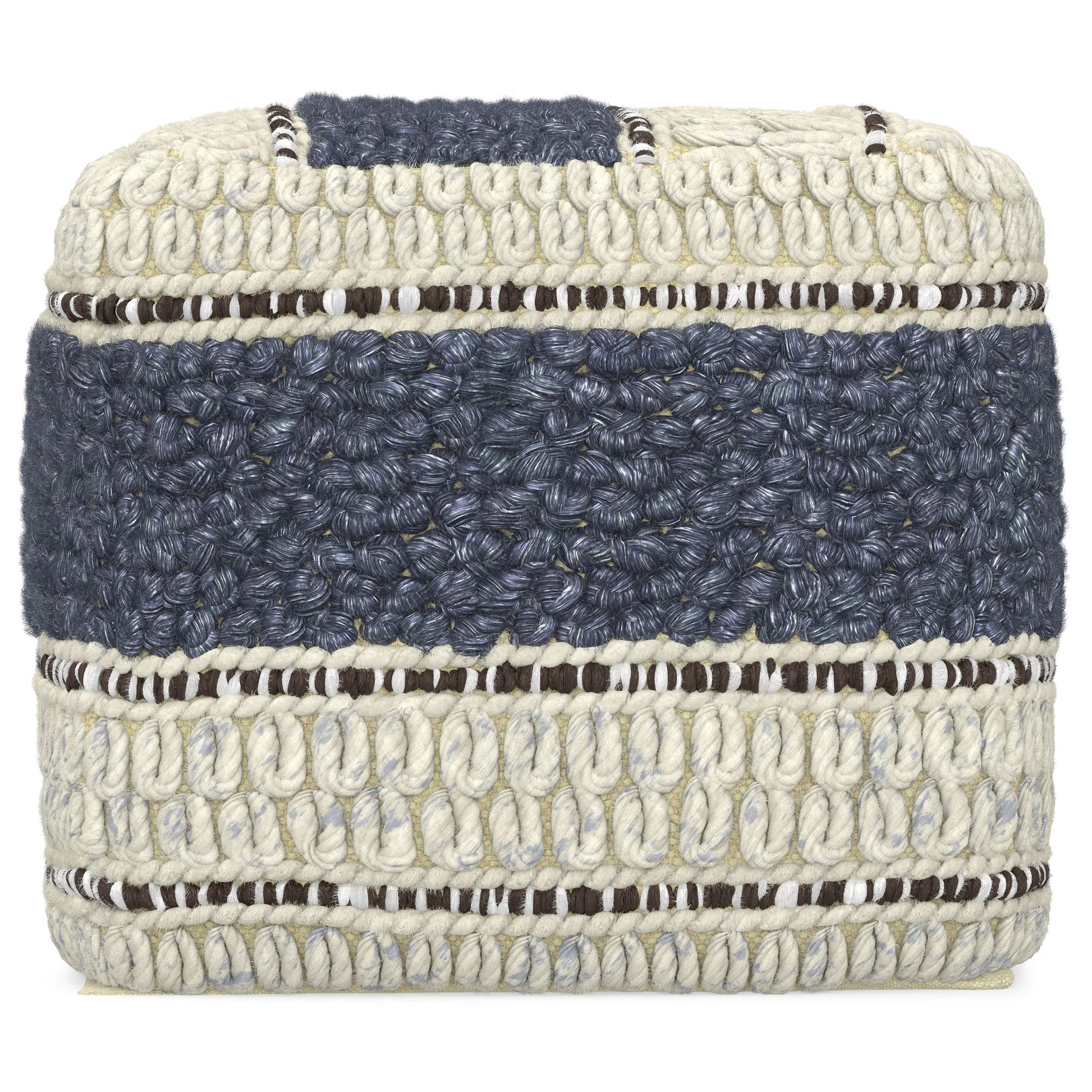 Grady 18 inch Wide Square Pouf in Blue and Natural Handloom Wool and Cotton image 3