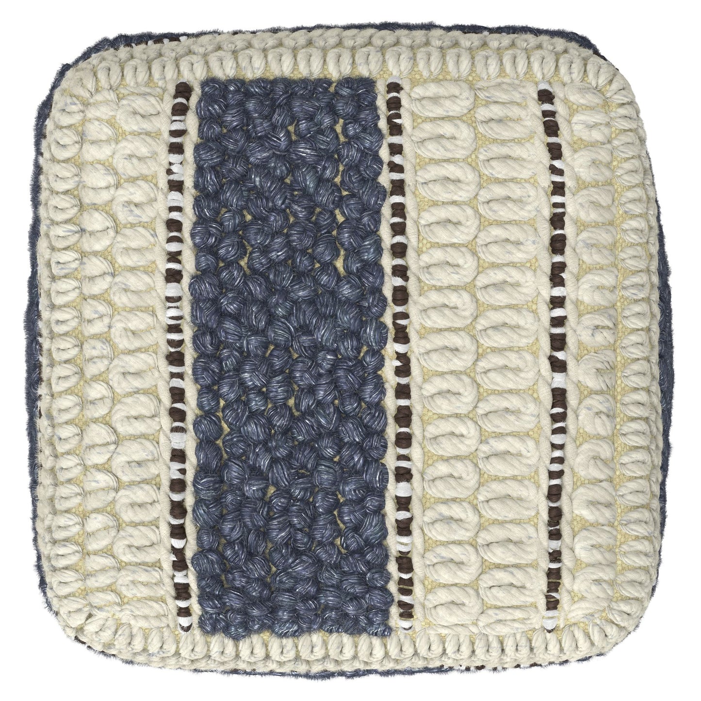 Grady 18 inch Wide Square Pouf in Blue and Natural Handloom Wool and Cotton image 2