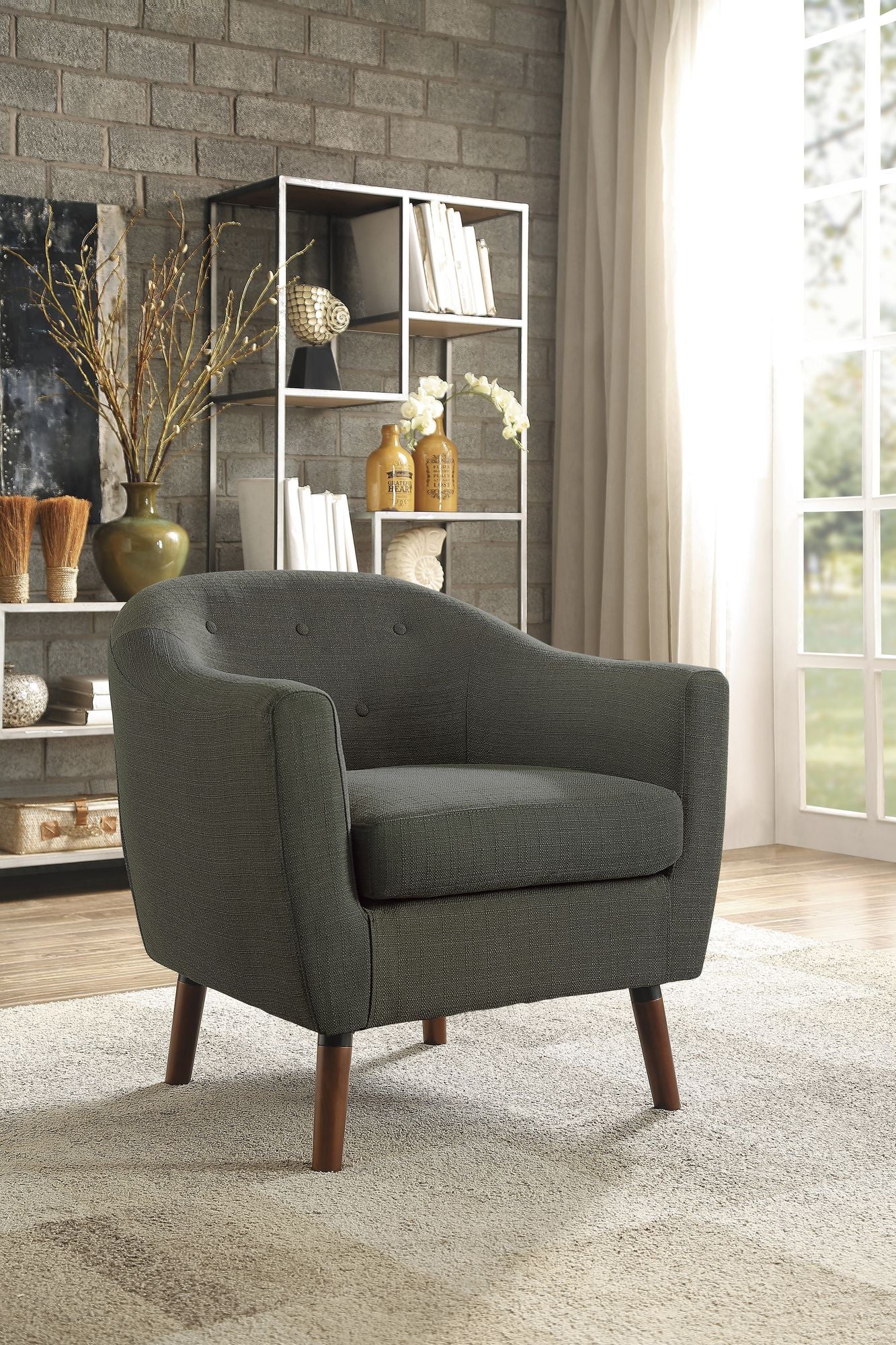 Gray Fabric Upholstered Accent Chair 1pc Espresso Finish Legs Button Tufted Solid Wood Furniture Living Room Chair image 1