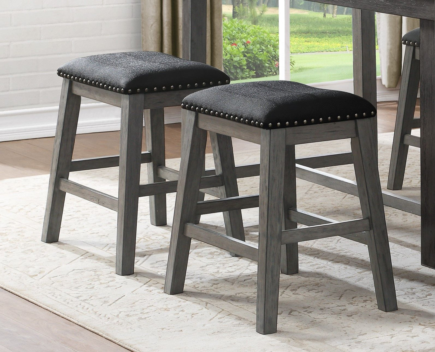 Gray Finish 5pc Counter Height Set Multifunctional Counter Height Table with 4 Stools Black Faux Leather Upholstery Nail image 2