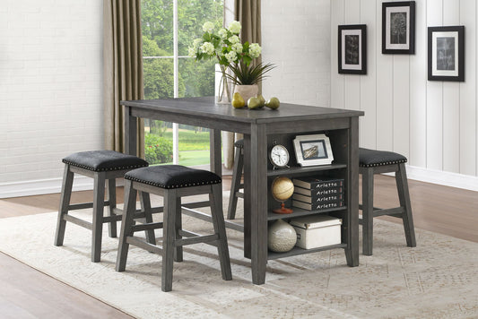 Gray finish counter height dining set with table and 4 black faux leather stools - front view