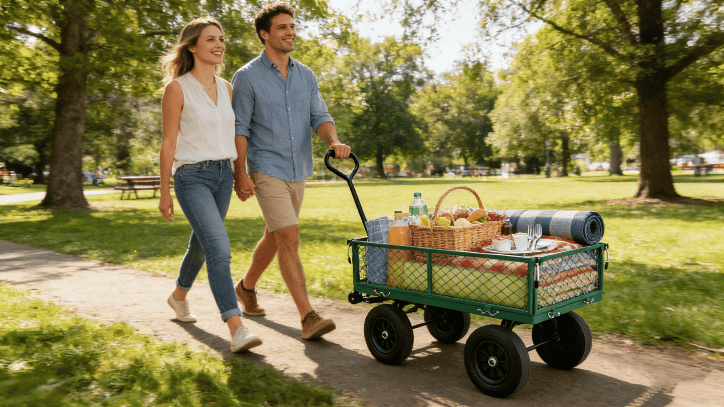 (Green solid wheels wagon cart) Solid wheels Tools cart Wagon Cart Garden cart trucks make it easier to transport firewo image 6