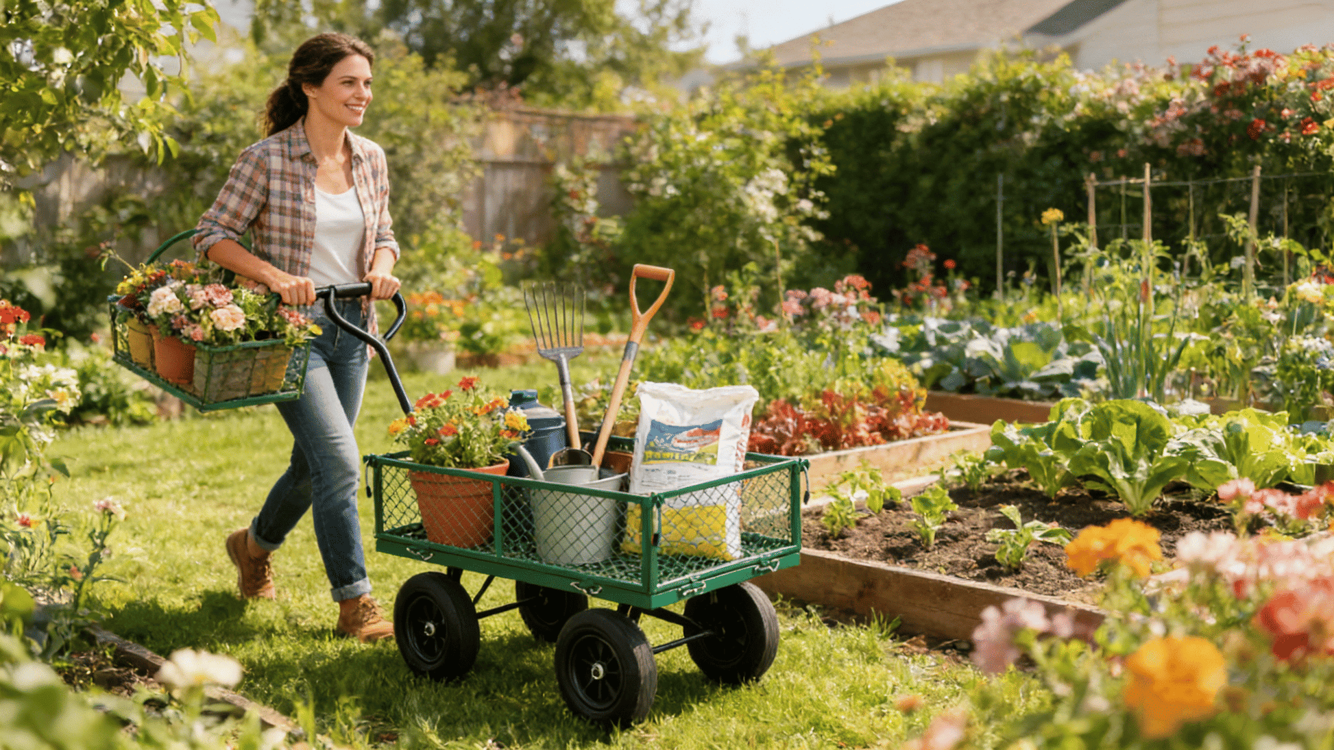 (Green solid wheels wagon cart) Solid wheels Tools cart Wagon Cart Garden cart trucks make it easier to transport firewo image 2