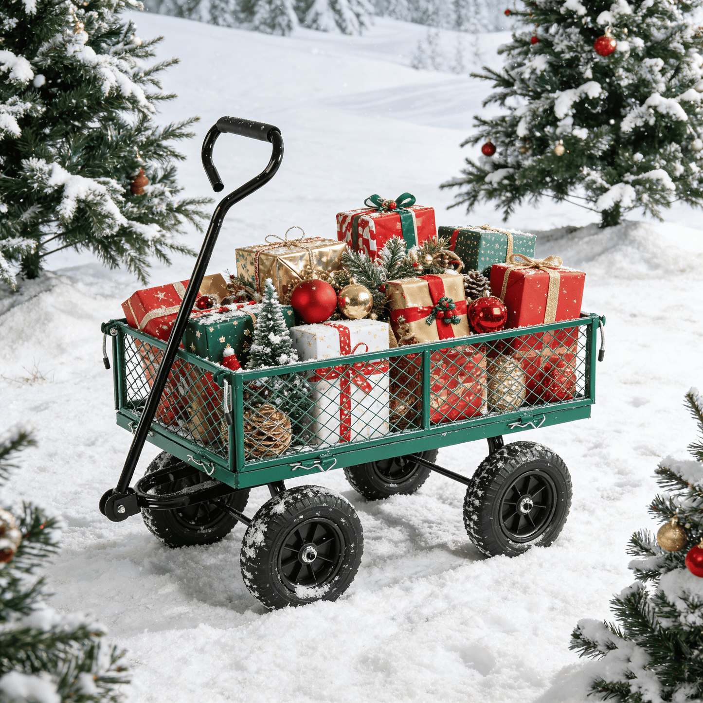 (Green solid wheels wagon cart) Solid wheels Tools cart Wagon Cart Garden cart trucks make it easier to transport firewo image 13