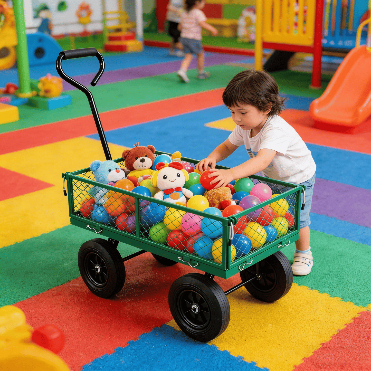 (Green solid wheels wagon cart) Solid wheels Tools cart Wagon Cart Garden cart trucks make it easier to transport firewo image 16