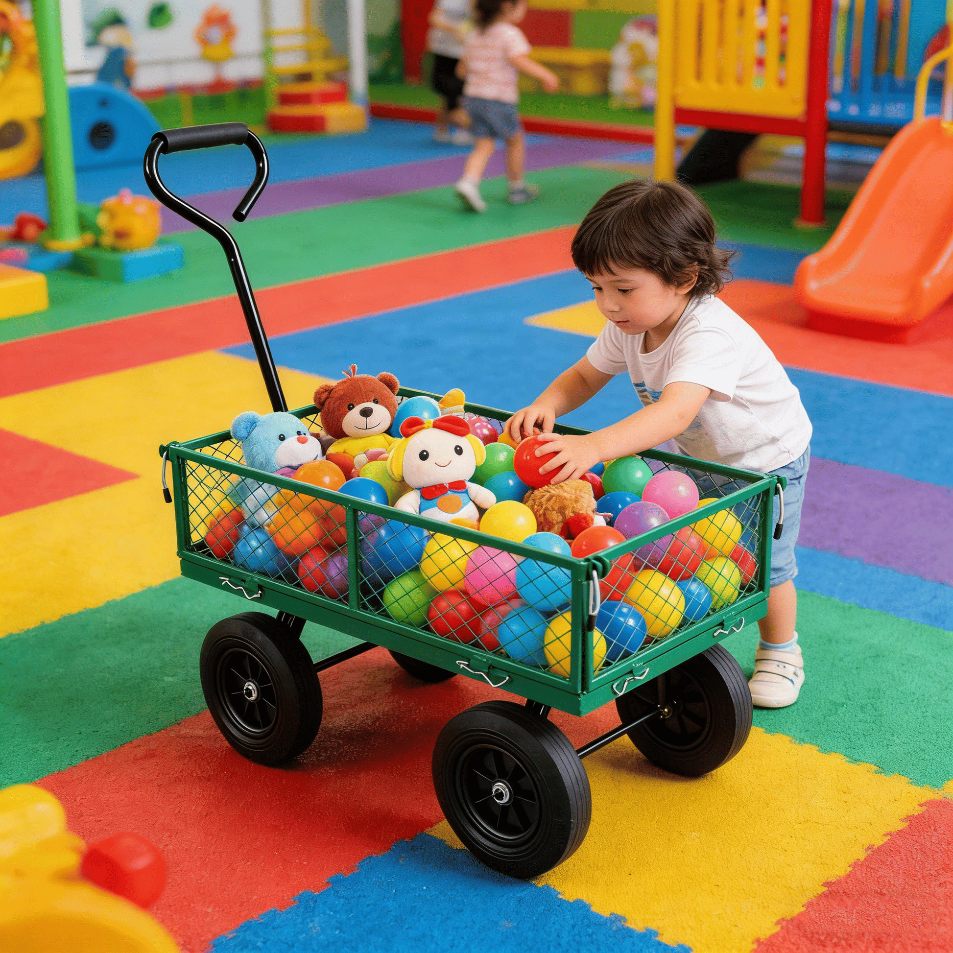 (Green solid wheels wagon cart) Solid wheels Tools cart Wagon Cart Garden cart trucks make it easier to transport firewo image 16