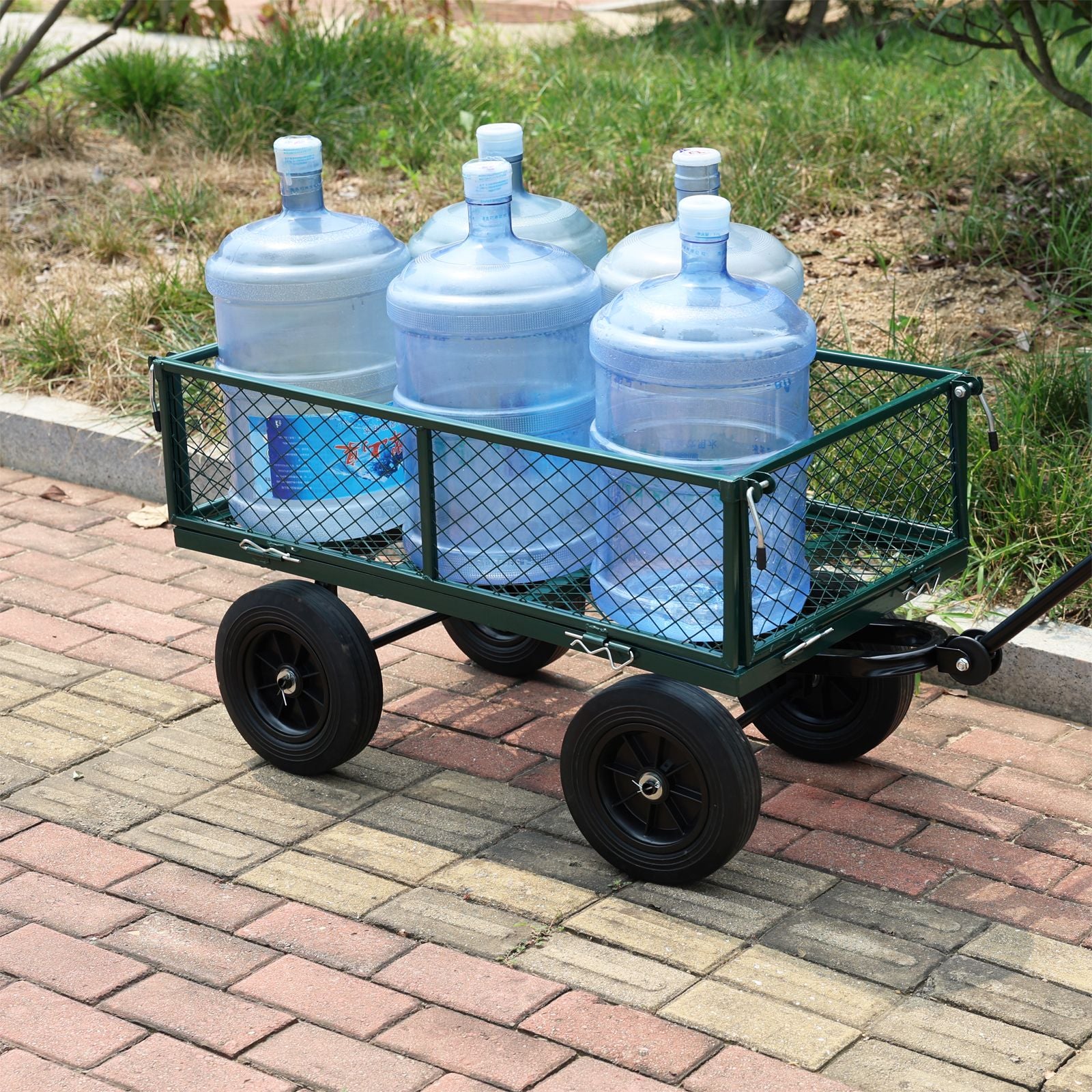 (Green solid wheels wagon cart) Solid wheels Tools cart Wagon Cart Garden cart trucks make it easier to transport firewo image 7