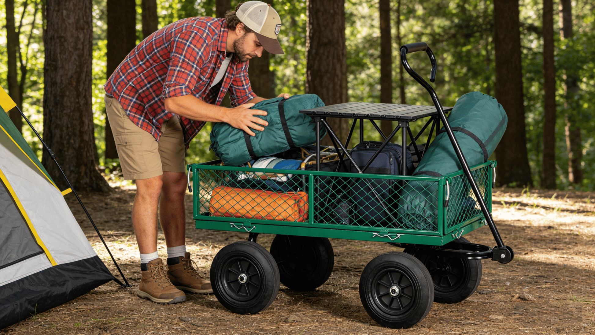 (Green solid wheels wagon cart) Solid wheels Tools cart Wagon Cart Garden cart trucks make it easier to transport firewo image 5