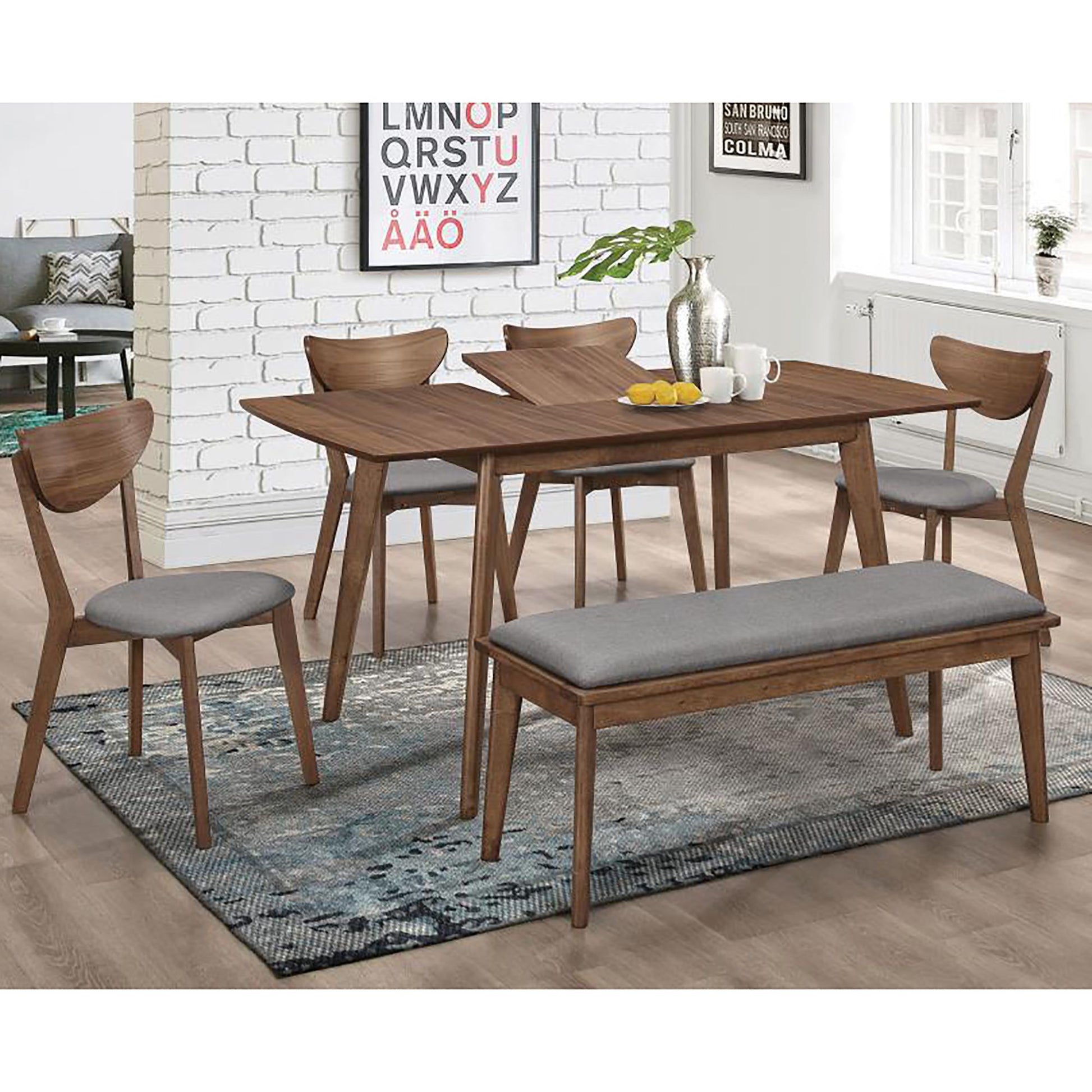 Grey and Natural Walnut Upholstered Dining Bench image 6