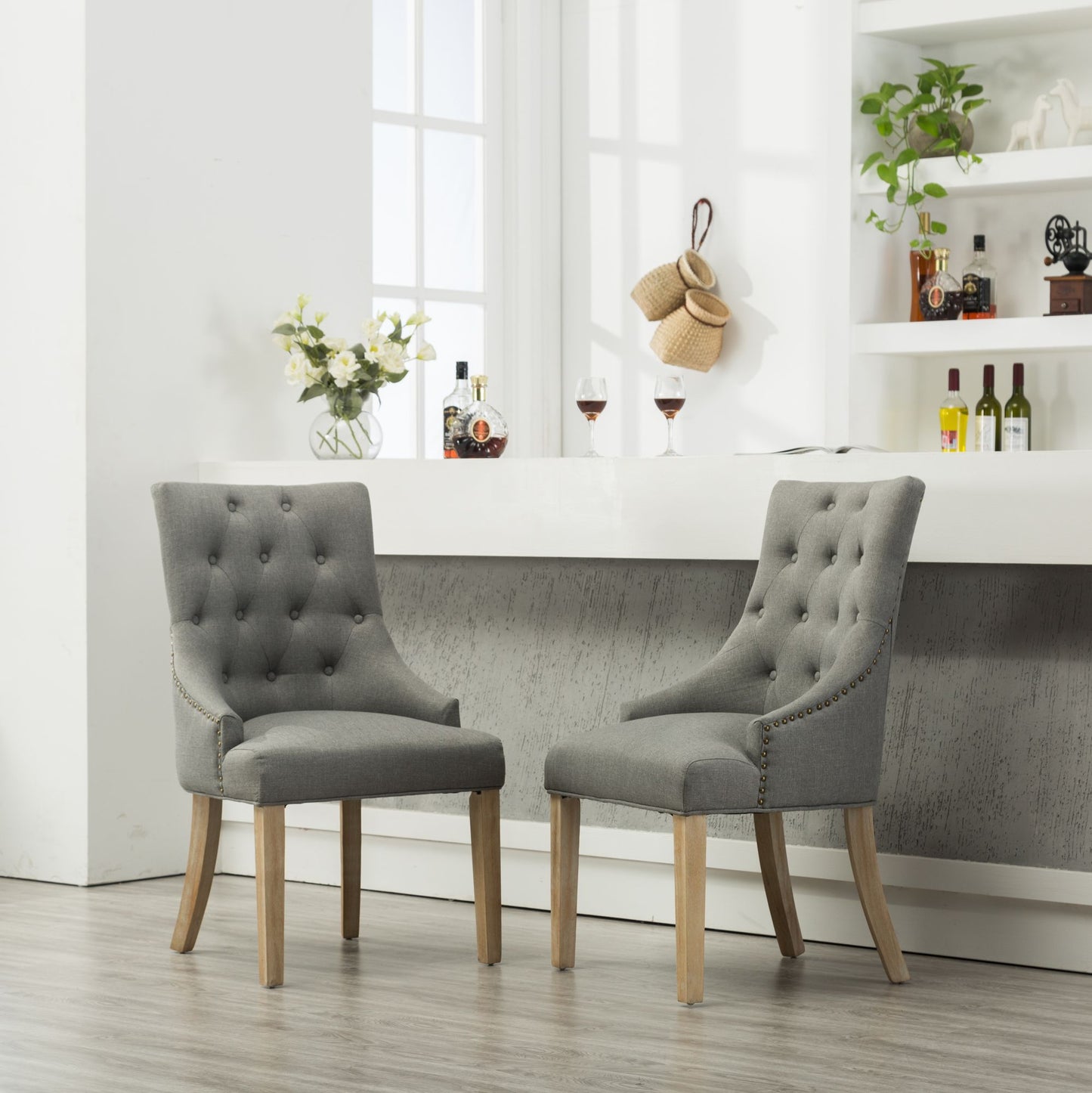 Grey Button Tufted Solid Wood Wingback Hostess Chairs with Nail Heads Set of 2 image 1