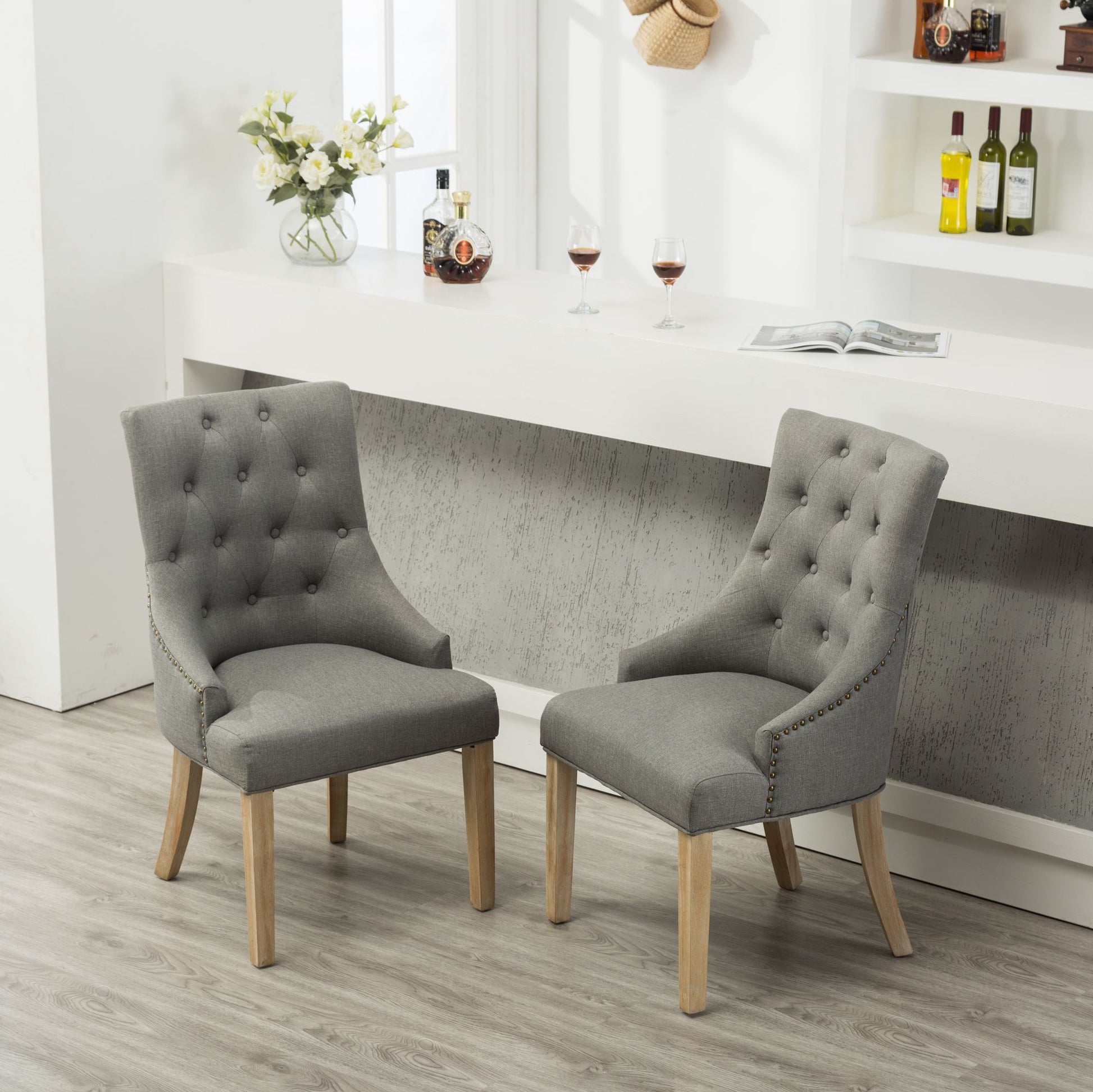 Grey Button Tufted Solid Wood Wingback Hostess Chairs with Nail Heads Set of 2 image 2