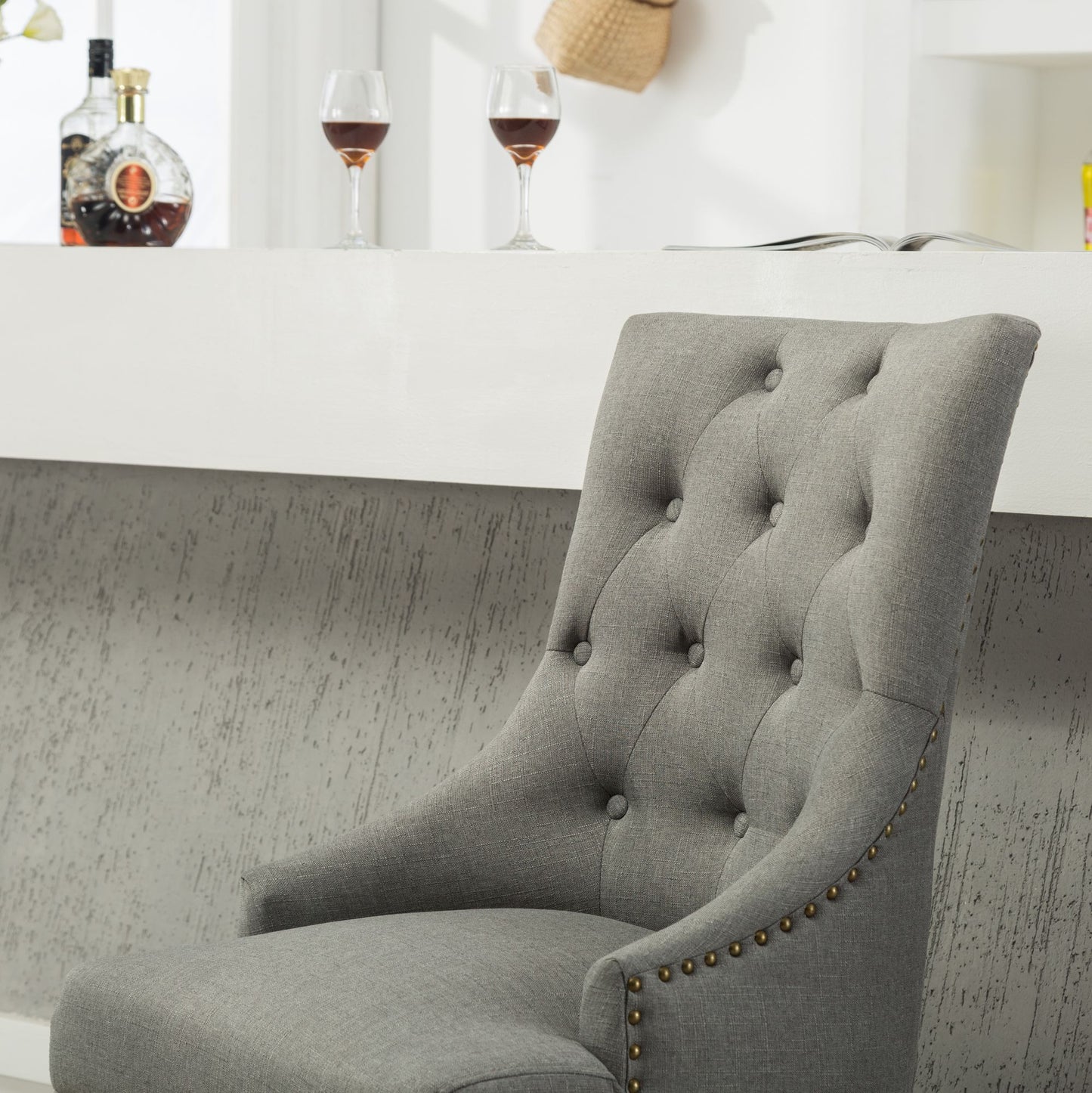 Grey Button Tufted Solid Wood Wingback Hostess Chairs with Nail Heads Set of 2 image 5