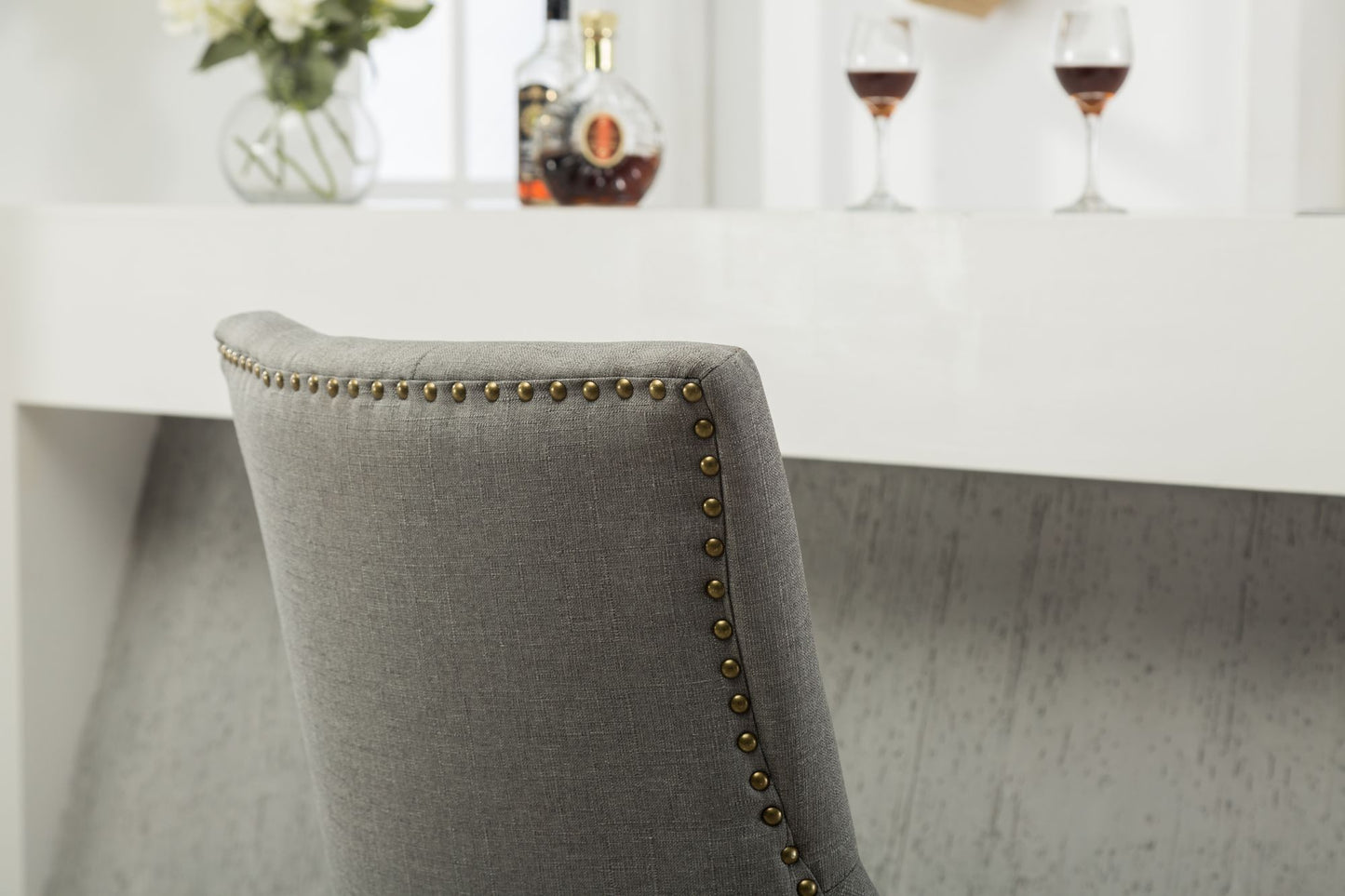 Grey Button Tufted Solid Wood Wingback Hostess Chairs with Nail Heads Set of 2 image 8