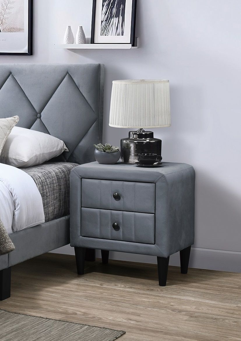 Grey Color Velvet Gorgeous 1pc Nightstand Bedside Table 2x Drawers Bedroom Furniture Sleek Design Tempered Legs image 1