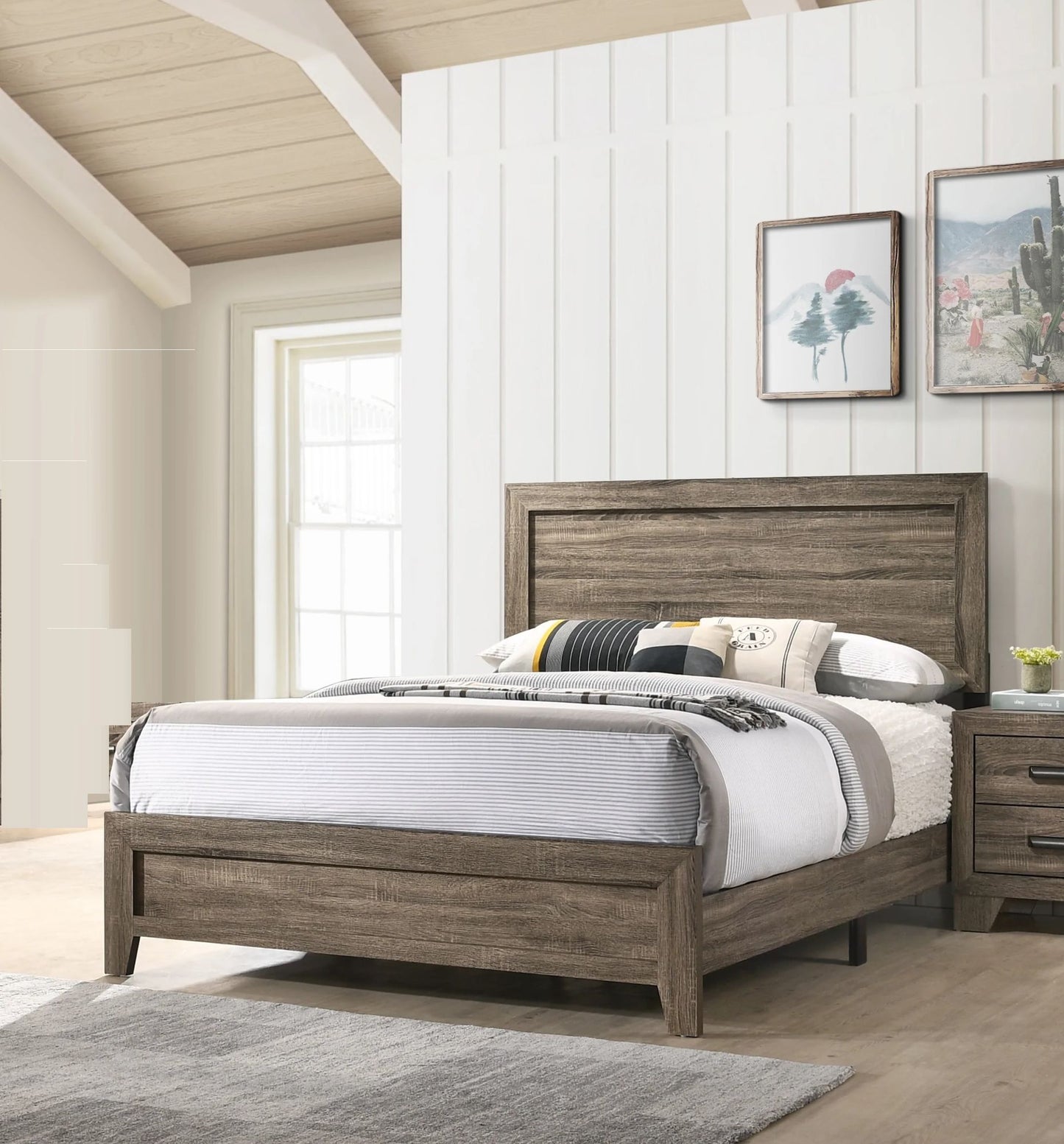 Grey Finish Fabric 1pc Queen Size Panel Bed Beautiful Wooden Bedroom Furniture Contemporary Style image 1