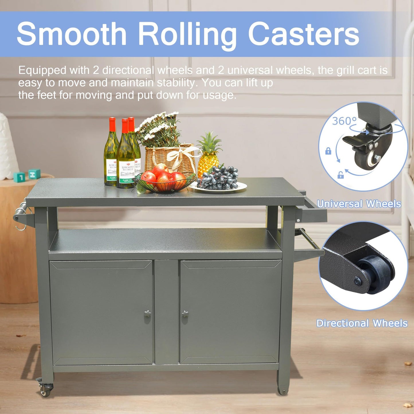 Grill Carts Outdoor Storage Cabinet with Wheels, Metal Outdoor Grill Table Kitchen Dining Table Cooking Prep BBQ Table f image 3